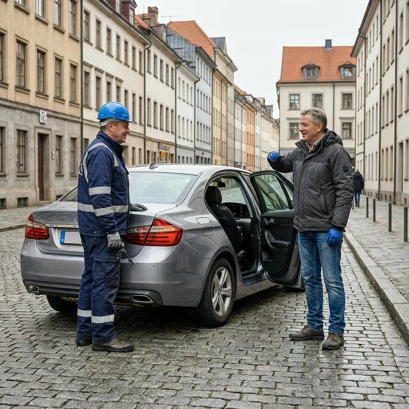 Professional locksmith opening car door in Berlin using non-destructive techniques, customer standing safely beside vehicle