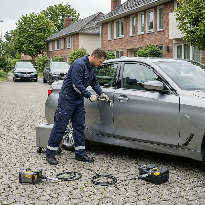 Car locked in Ulm street with city skyline visible