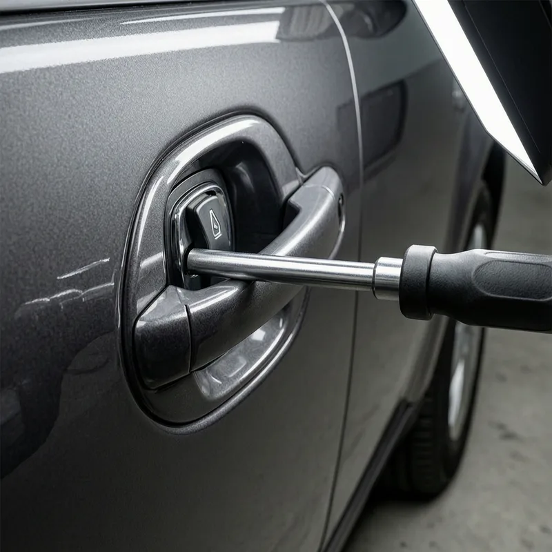 Certified locksmith using specialized tool to open car door from outside without damage