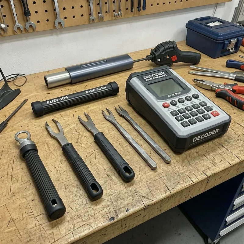 Certified technician with specialized tools opening a car lock from the outside without damage