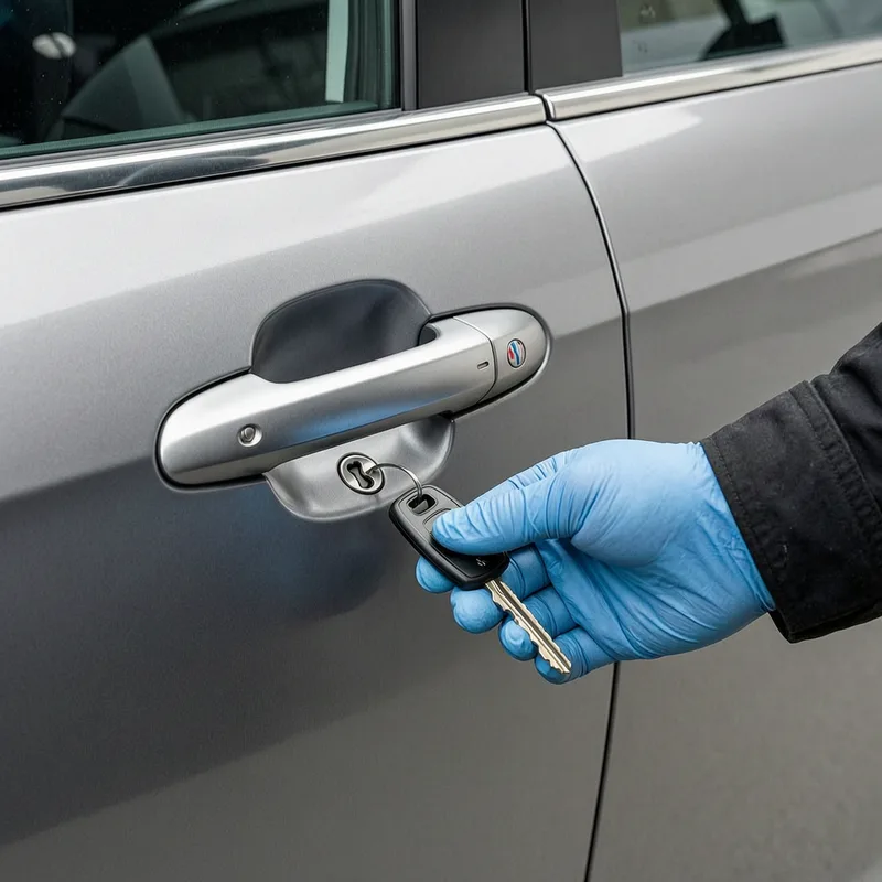 Professional locksmith using non-destructive tools to open car door from outside