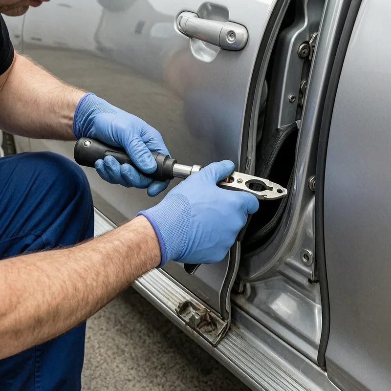 Professional technician using specialized tools to open a car door from the outside without damage