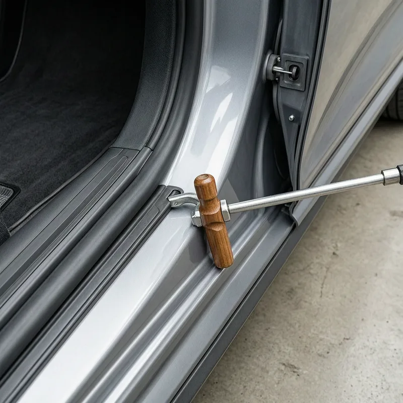 Professional locksmith using non-destructive entry tools to open a car door from outside