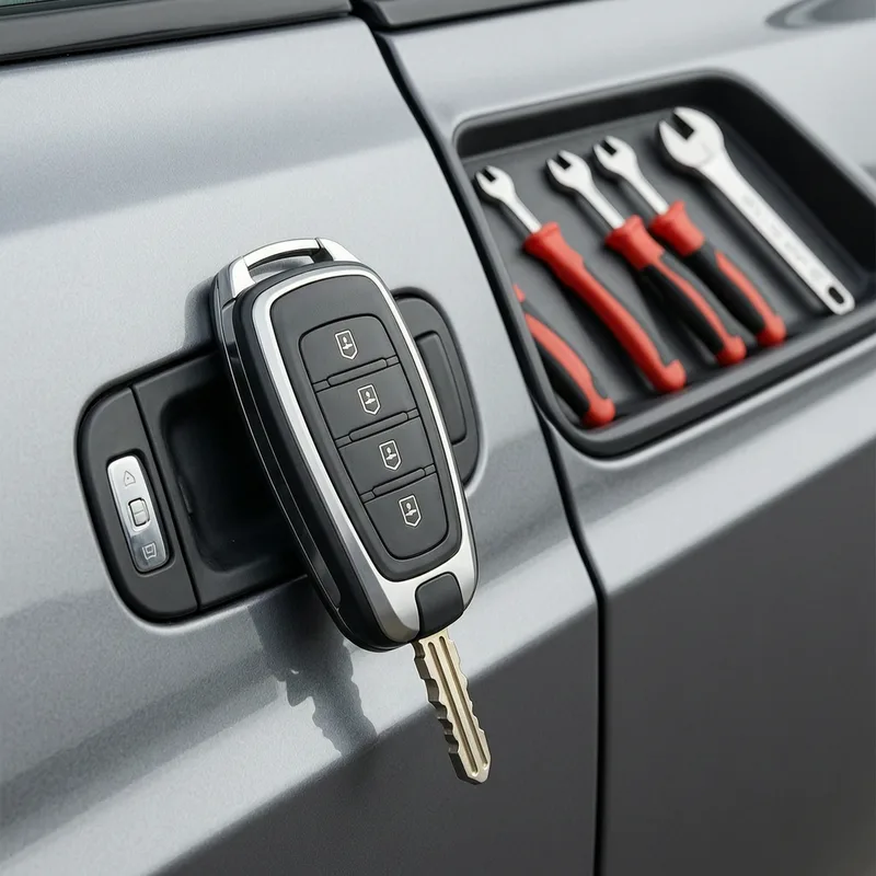 Professional locksmith opening car door from outside using specialised tools