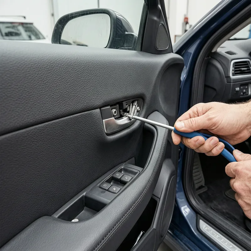 Certified locksmith using specialized tool to open car door from outside without damage