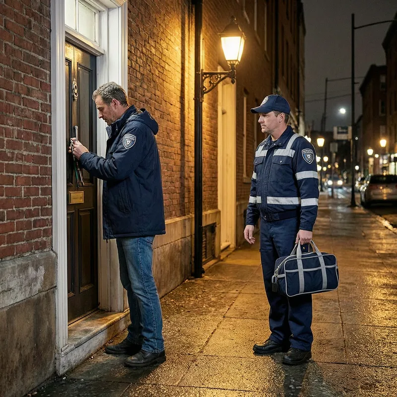 Professional locksmith technician working on a residential lock in Leipzig apartment