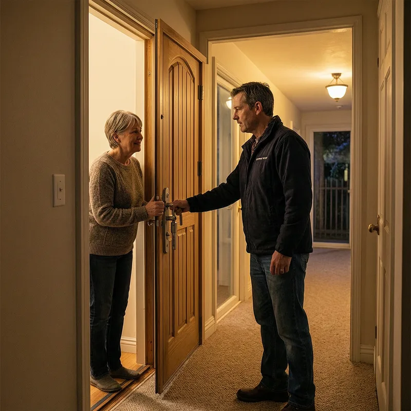 Professional locksmith working on emergency door access in Lörrach residential building