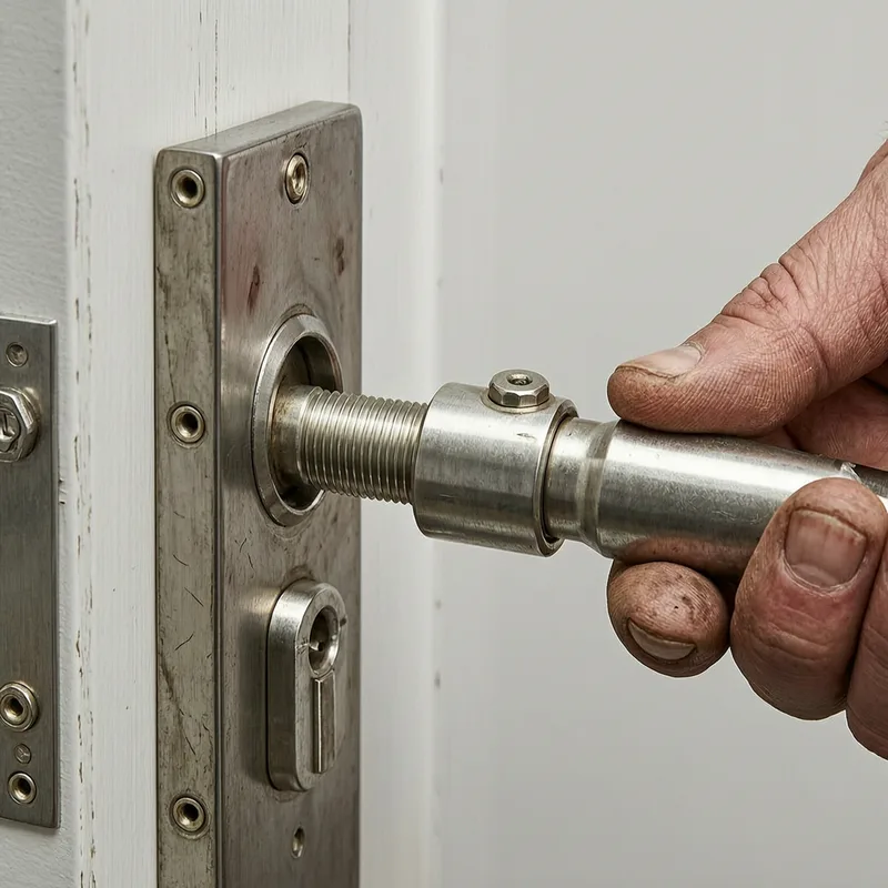 Close-up of a modern German security lock cylinder and key