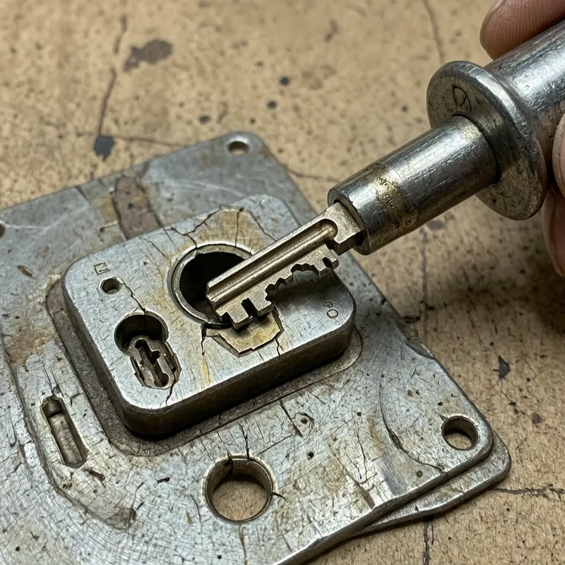 Close-up of lock cylinder and professional locksmith tools