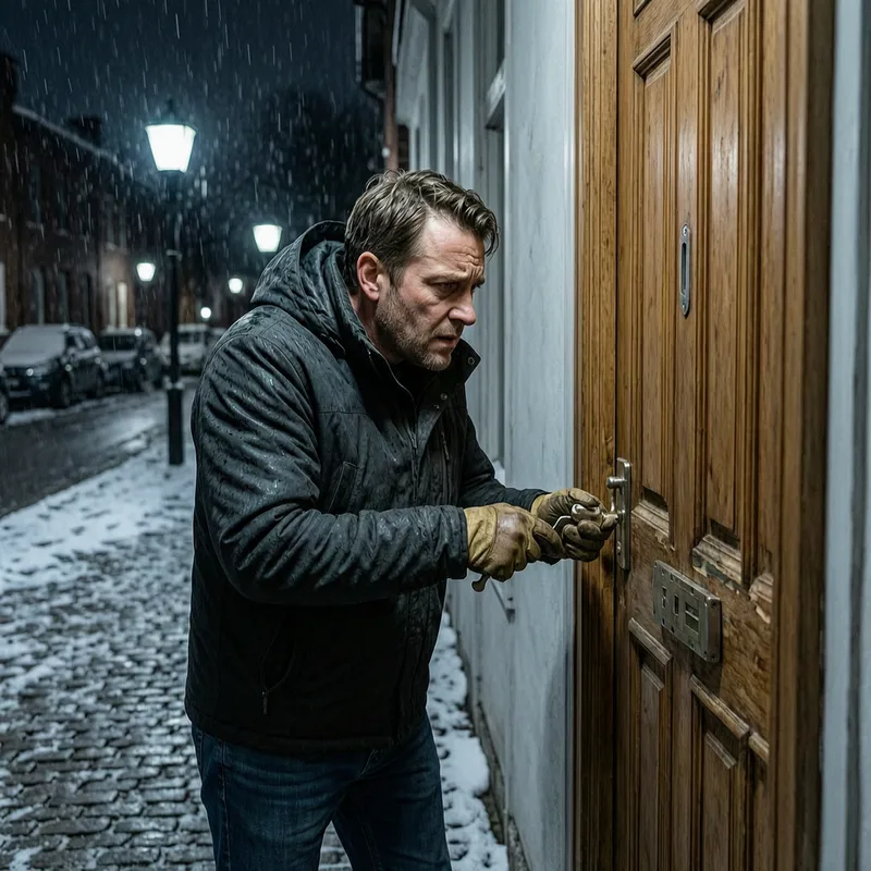 Locksmith assisting with emergency lockout situation at apartment entrance
