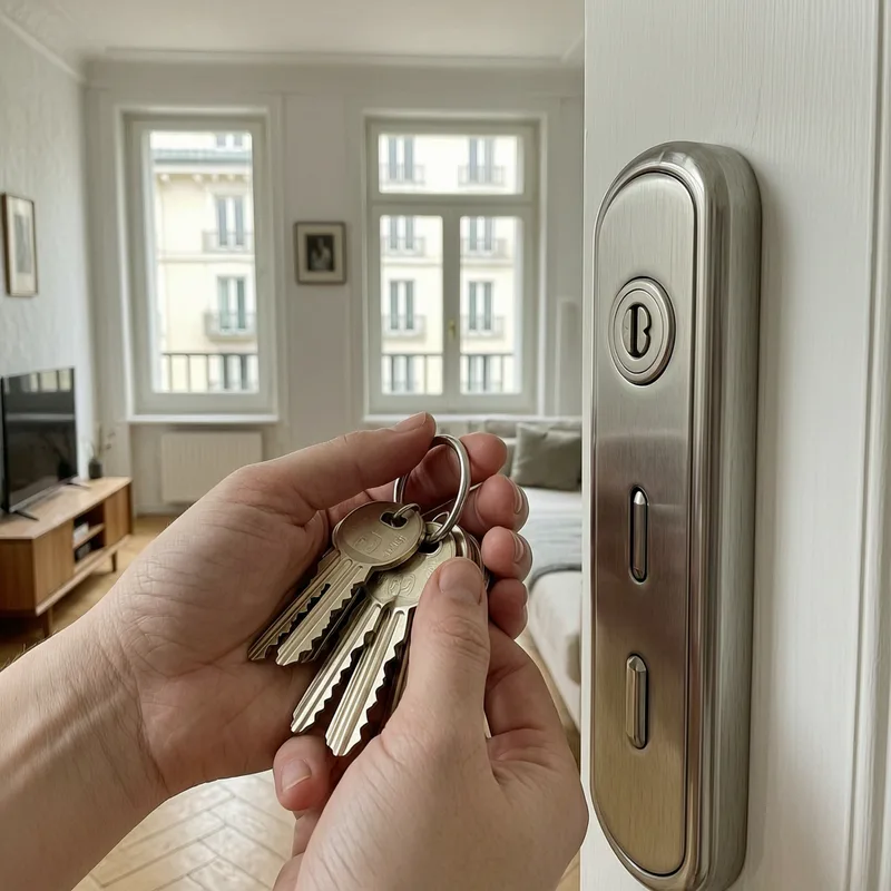 Professional locksmith in uniform using specialized tools to safely open an apartment door lock without damage, demonstrating proper entry technique.