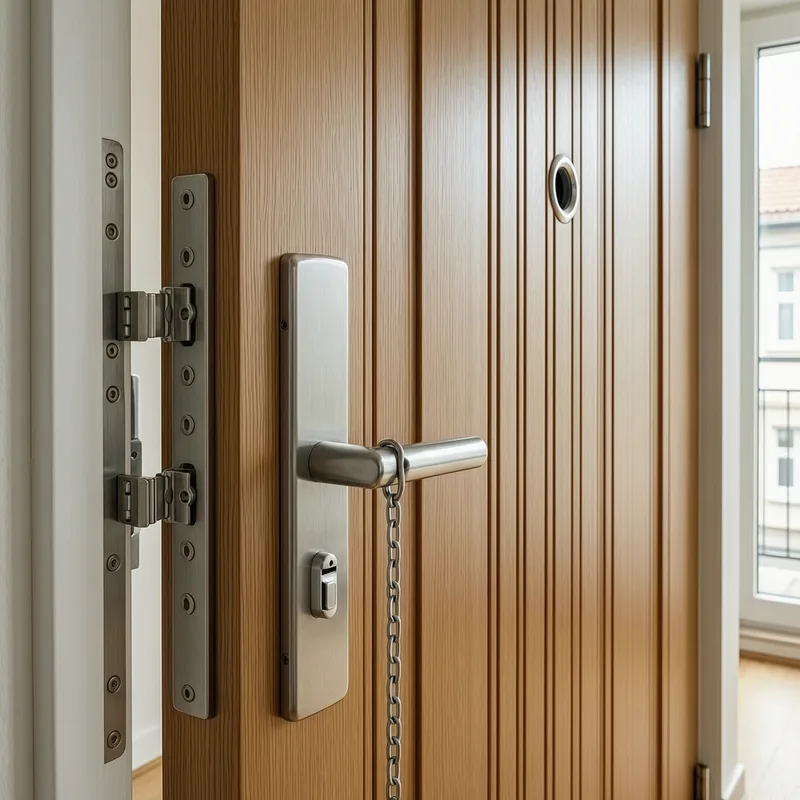 Professional locksmith in work uniform opening a residential apartment door lock in Germany