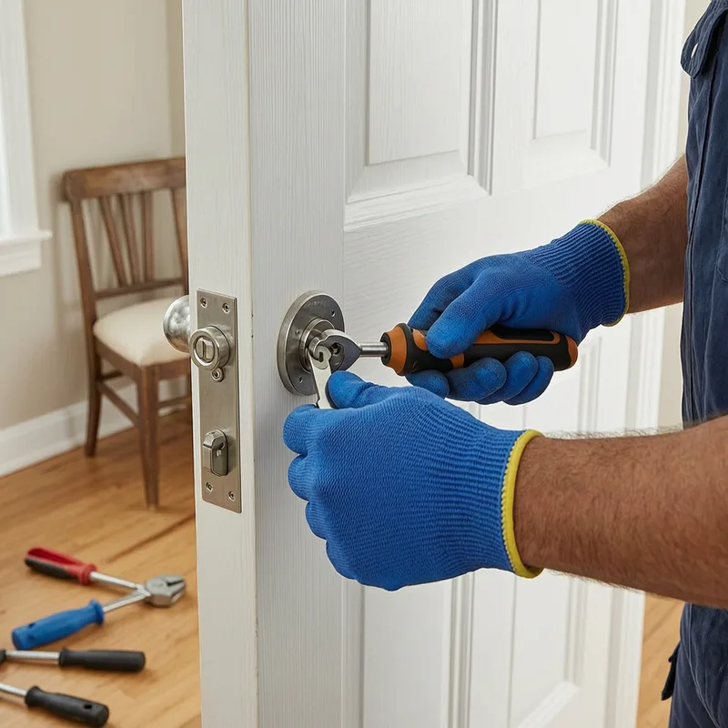 Professional locksmith using specialized tools to carefully extract a broken key from a German Profilzylinder lock on a residential door