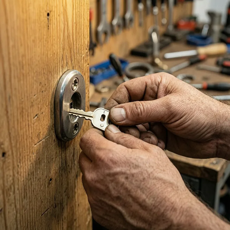 Close-up of high-security cylinder and keys for German locks