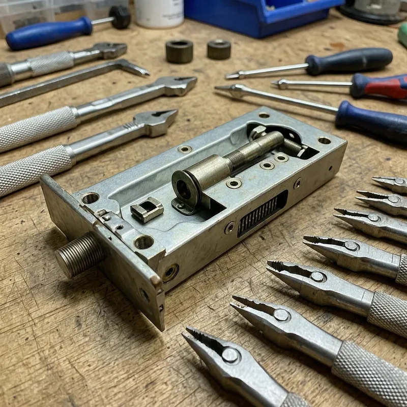 Locksmith tools and DIN-standard locks ready for lock change service