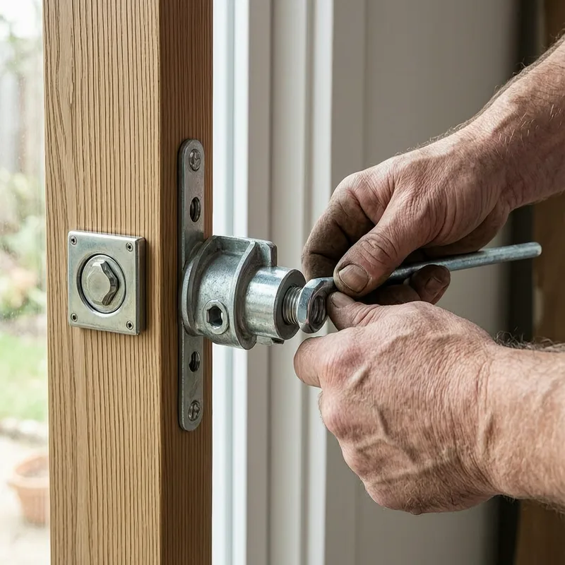 Close-up of lock cylinder and key replacement tools