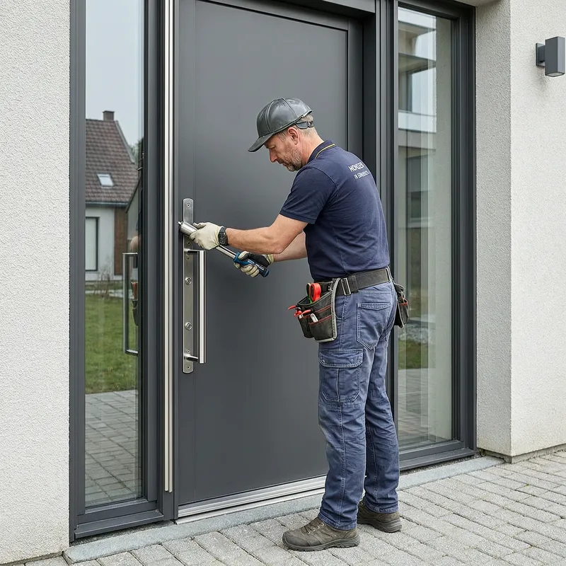 Certified locksmith in Berlin changing a residential door lock, urban apartment building in background