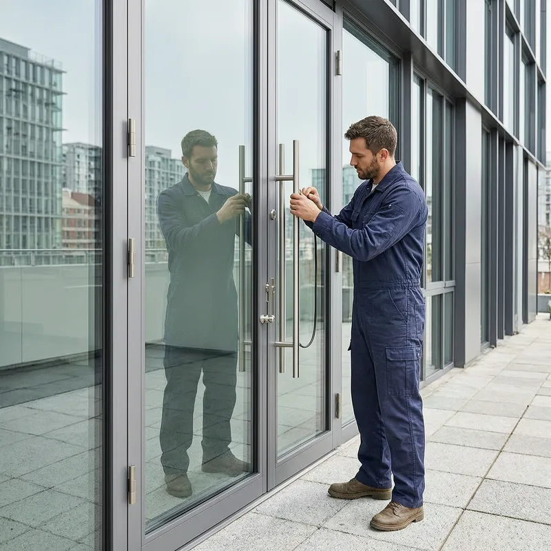 Certified locksmith changing a lock on an Augsburg apartment door, using professional tools