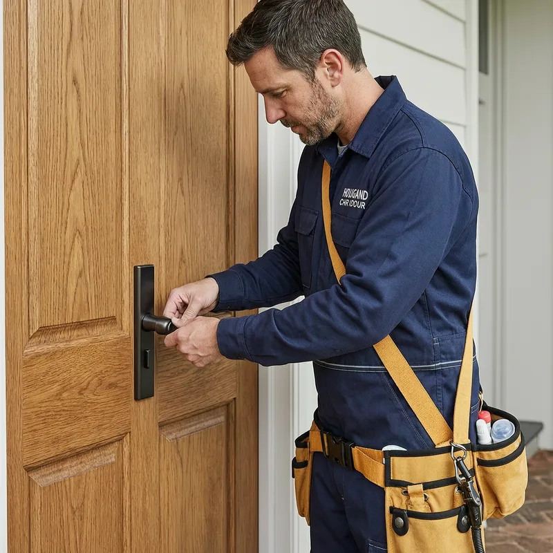 Certified locksmith performing lock replacement on apartment door in Lörrach