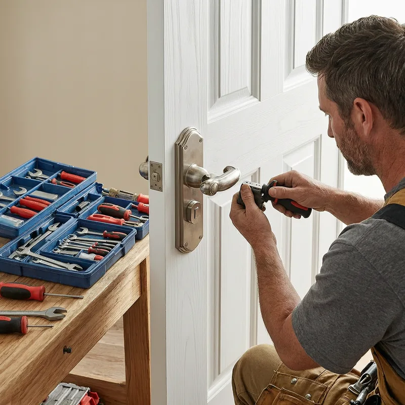 Certified locksmith in Wetzlar changing a lock on an apartment door in a historic building