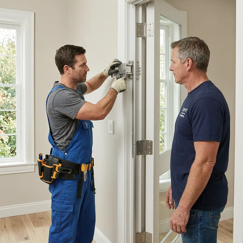Certified locksmith installing a new DIN-standard lock on a Potsdam apartment door