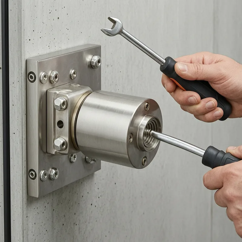 Close-up of DIN-certified lock being installed into door frame during lock change service