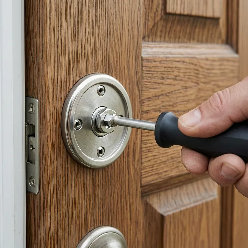 DIN-certified lock cylinder being installed in wooden door frame