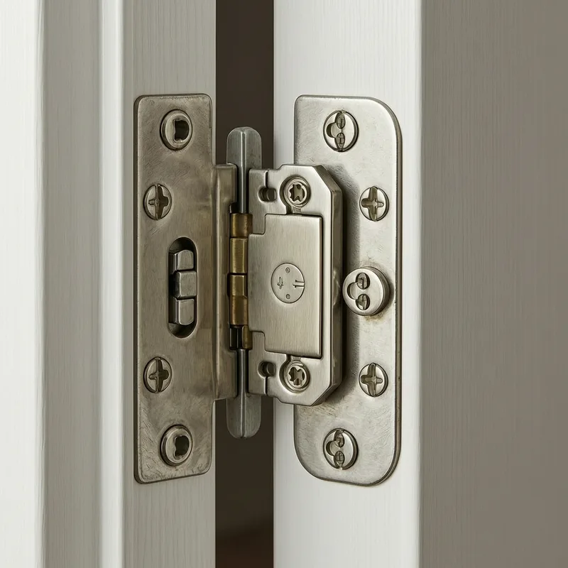 Close-up of new DIN-standard lock being installed in wooden door frame