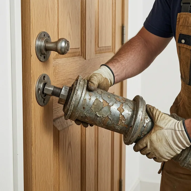 New DIN-certified lock being installed into door frame during replacement process