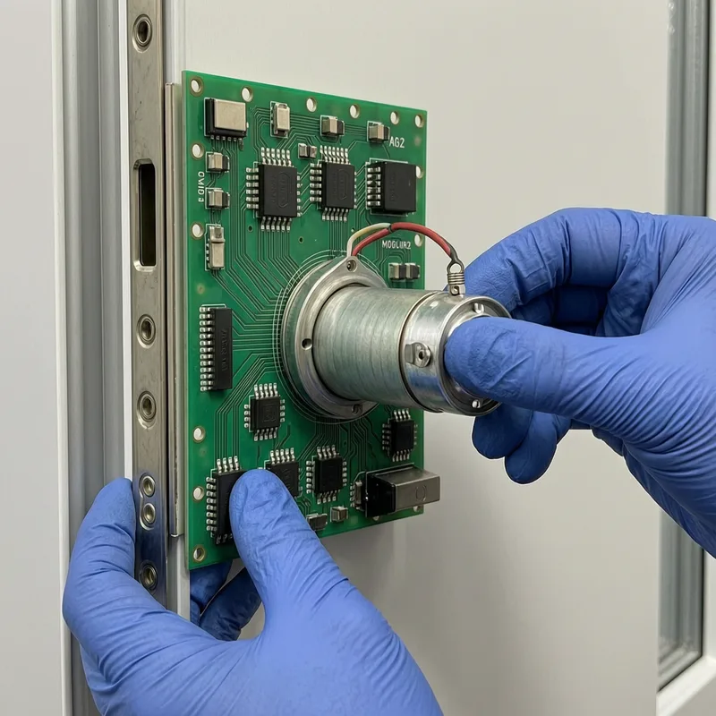 Close-up of new DIN-certified lock cylinder being installed into a German apartment door frame