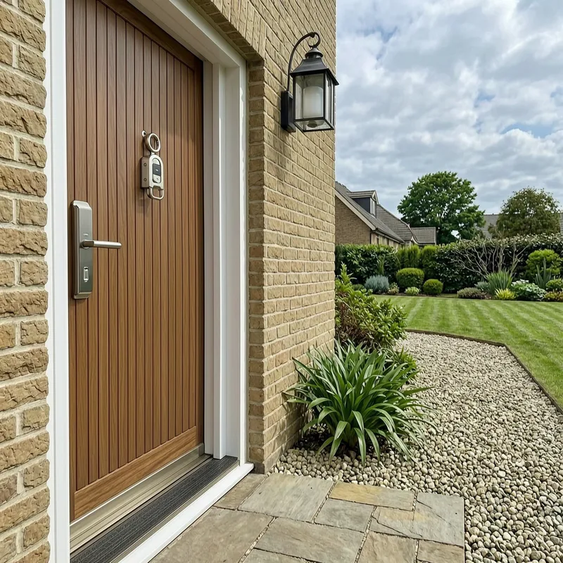 DIN-certified residential lock showing security classification marks and professional installation