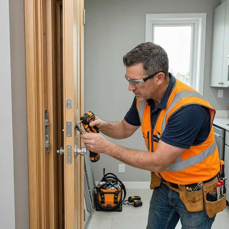 Experienced locksmith working on residential door lock in Augsburg apartment