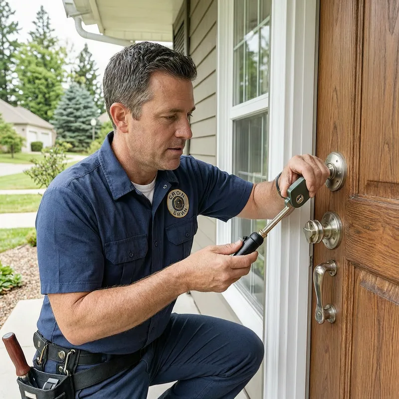 Professional locksmith working on apartment lock in Sindelfingen, Germany
