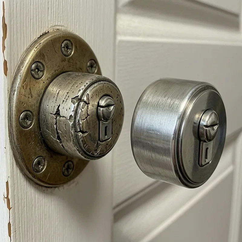 Close-up of German-standard lock cylinder and key