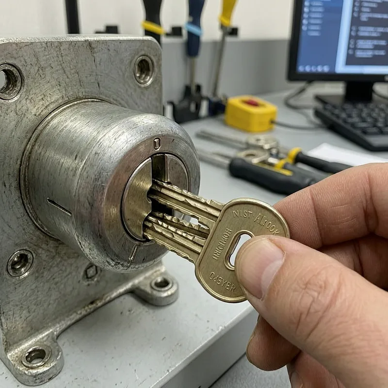 Close-up of high-security lock cylinder and key