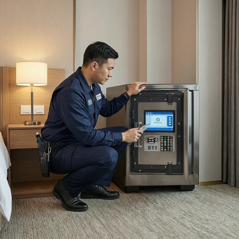 English-speaking safe opening technician working on residential safe in Lörrach, using non-destructive opening tools