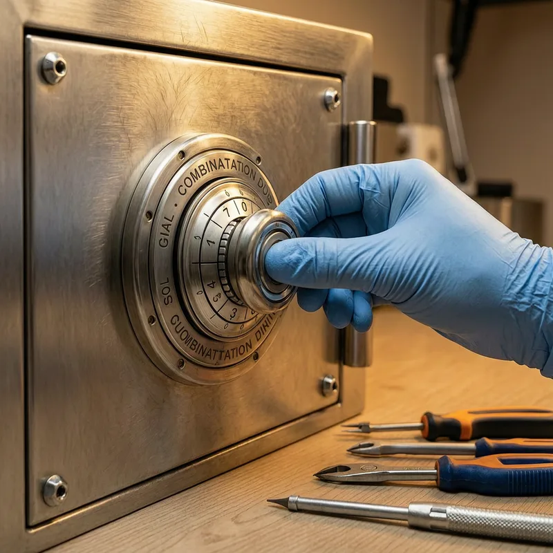 Technician using specialist equipment to safely open a wall-mounted home safe