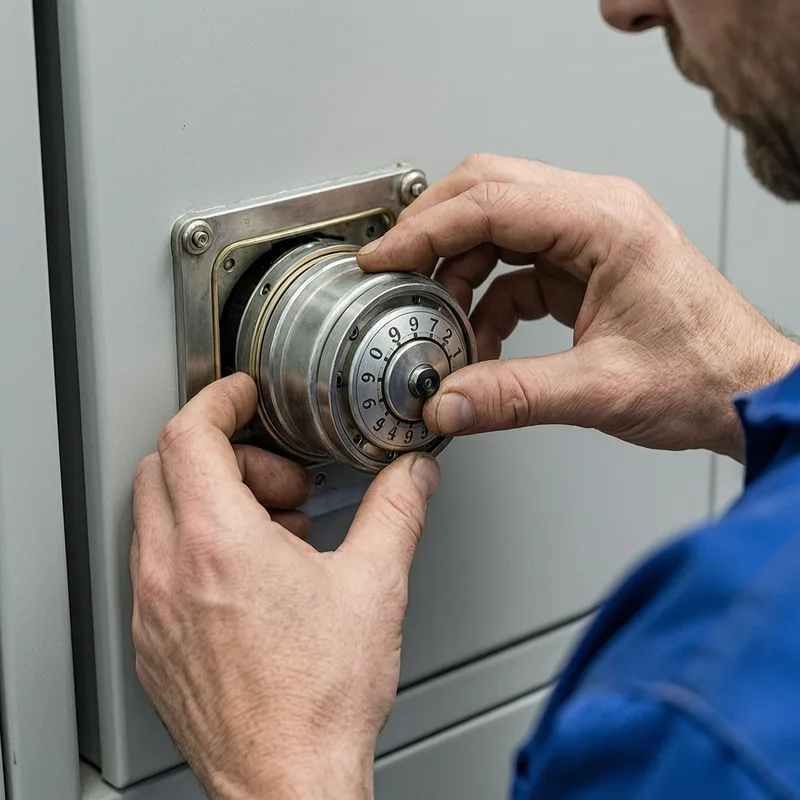 Certified technician carefully manipulating safe lock mechanism without drilling