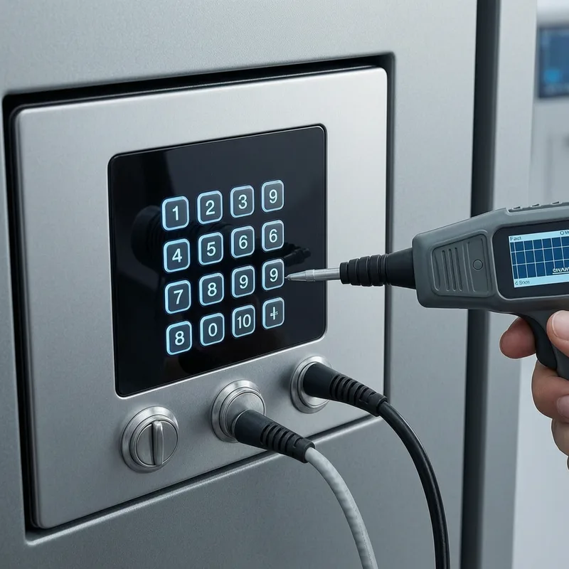 Certified locksmith manipulating safe lock mechanism with precision tools during non-destructive opening in Lörrach
