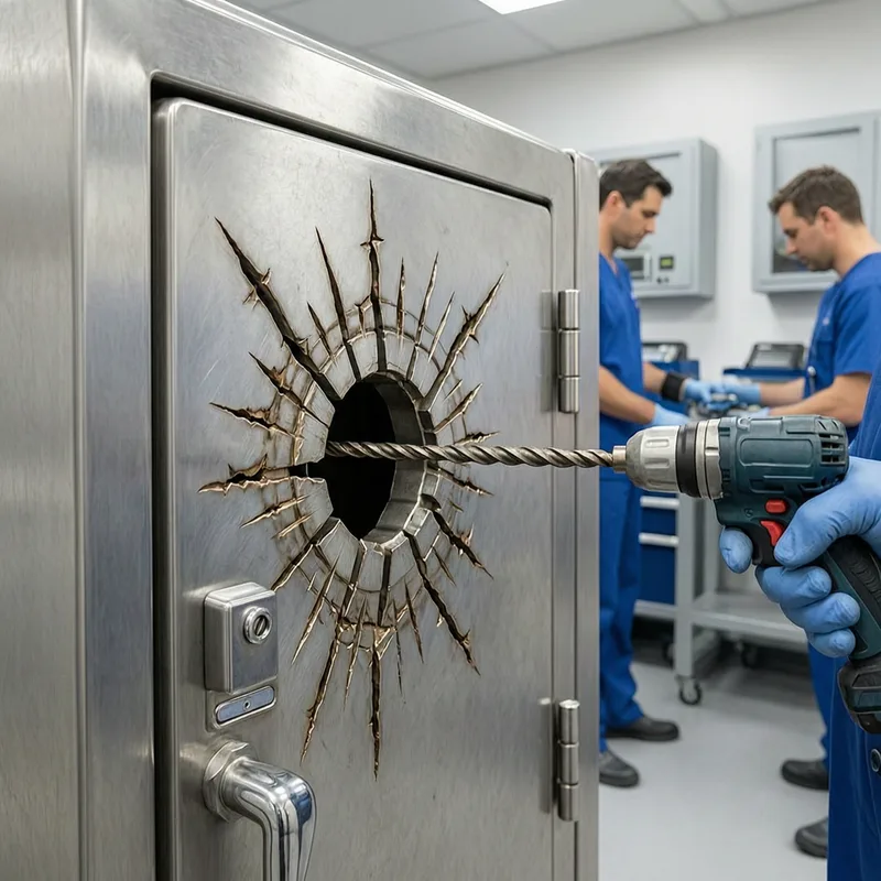 Technician working on a wall-mounted safe mechanism with precision tools